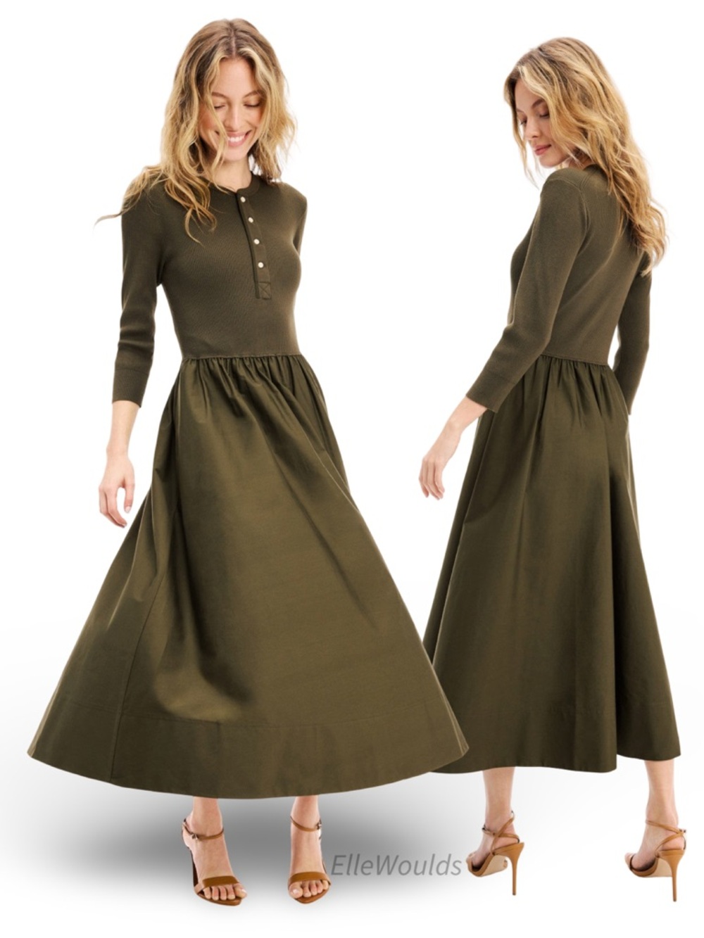 Polo Ralph Lauren Henley Bodice Dress Olive Green Long Sleeve Maxi Size Small
